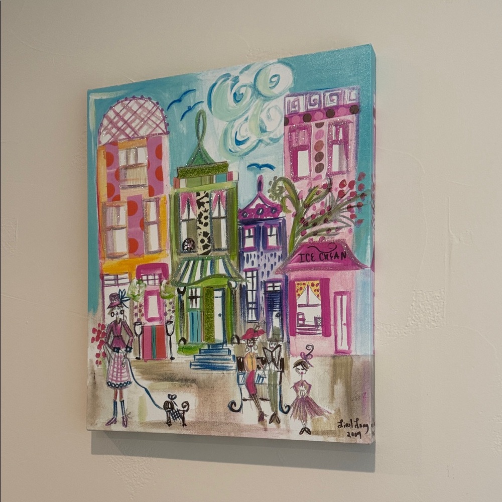 Whimsical Cityscape Canvas Art - Pink & Teal set of 2